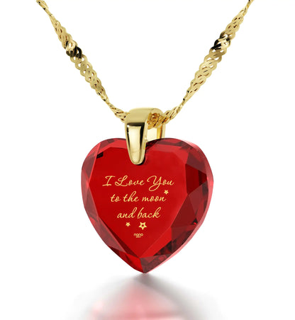 Gold Plated Silver I Love You to The Moon and Back Necklace 24k Gold Inscribed Heart Cubic Zirconia Pendant