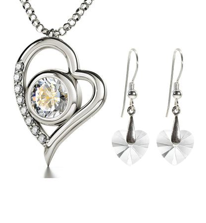 925 Sterling Silver I Love You Heart Pendant Necklace Set 24k Gold Inscribed in 12 Languages