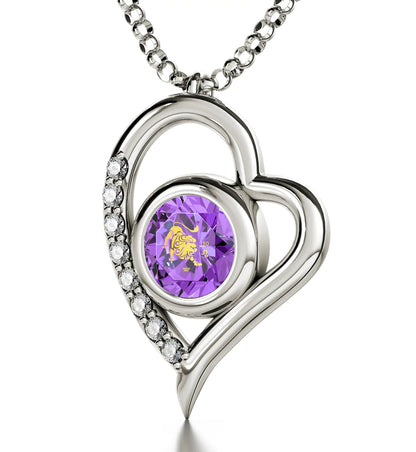 925 Sterling Silver Leo Necklace Zodiac Heart Pendant 24k Gold Inscribed on Crystal