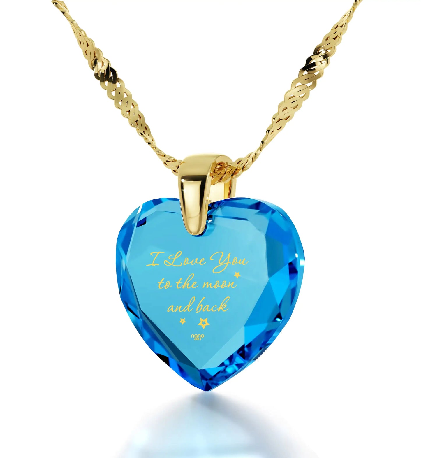 Gold Plated Silver I Love You to The Moon and Back Necklace 24k Gold Inscribed Heart Cubic Zirconia Pendant