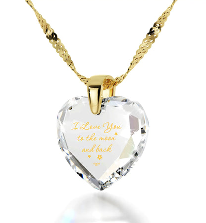 Gold Plated Silver I Love You to The Moon and Back Necklace 24k Gold Inscribed Heart Cubic Zirconia Pendant