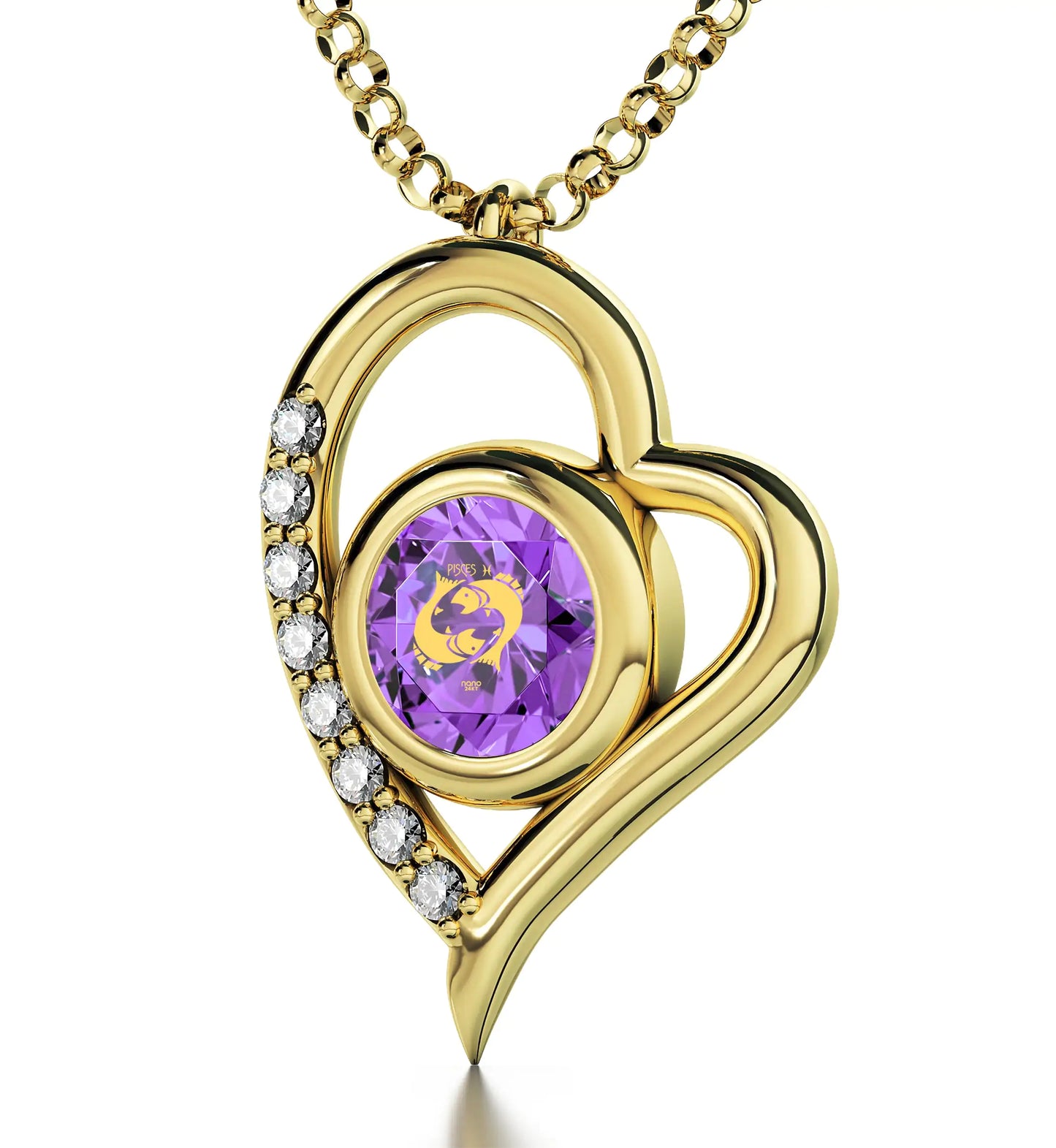 Gold Plated Silver Pisces Necklace Zodiac Heart Pendant 24k Gold Inscribed on Crystal