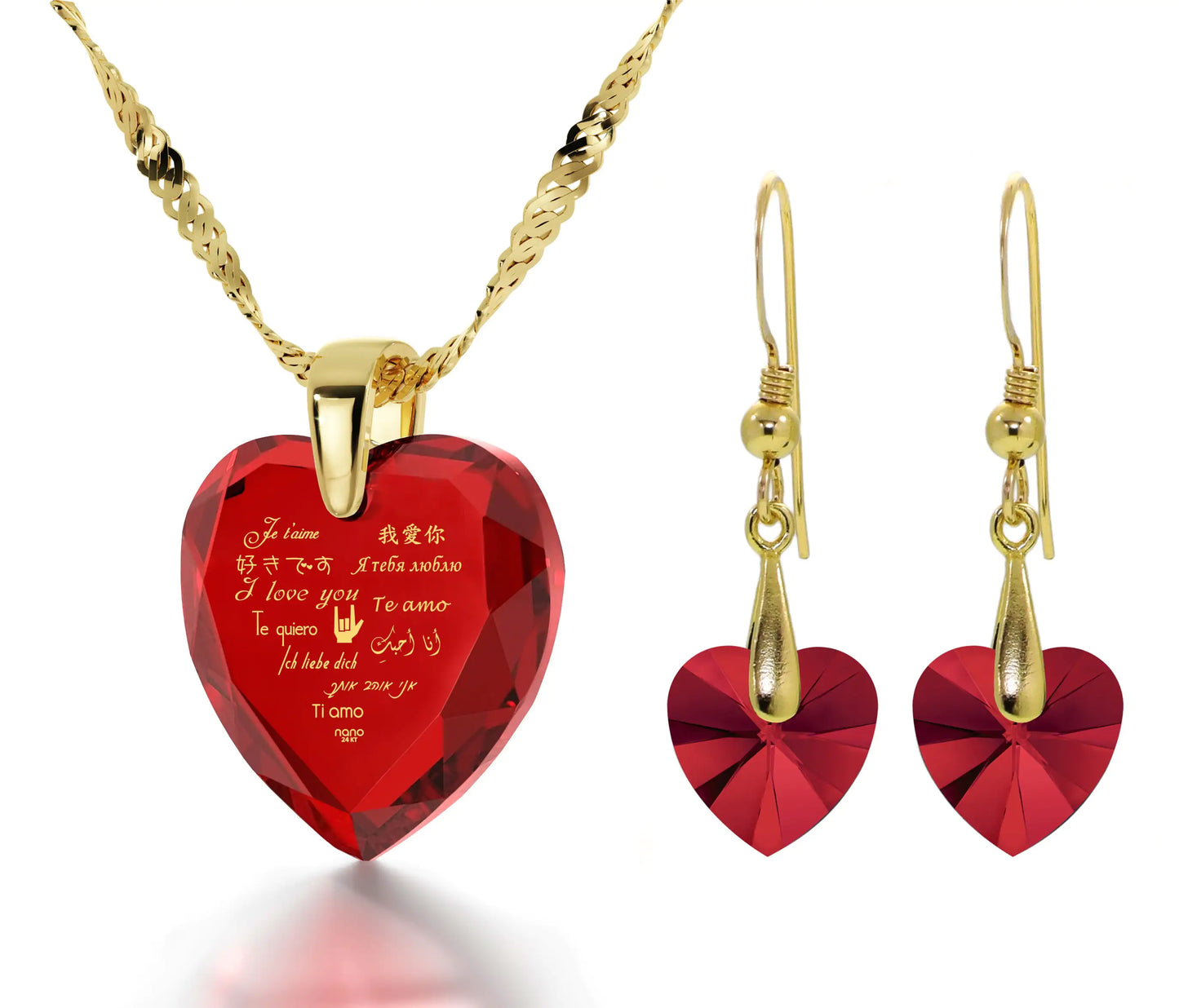 Gold Plated Silver I Love You Necklace 12 Languages Gold Inscribed and Crystal Earrings Heart Jewelry Set