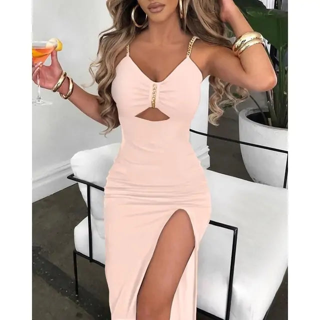 V-Neck Chain Décor High Slit Dress