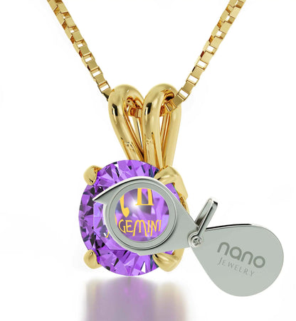 Gold Plated Silver Gemini Necklace Zodiac Pendant 24k Gold Inscribed on Crystal