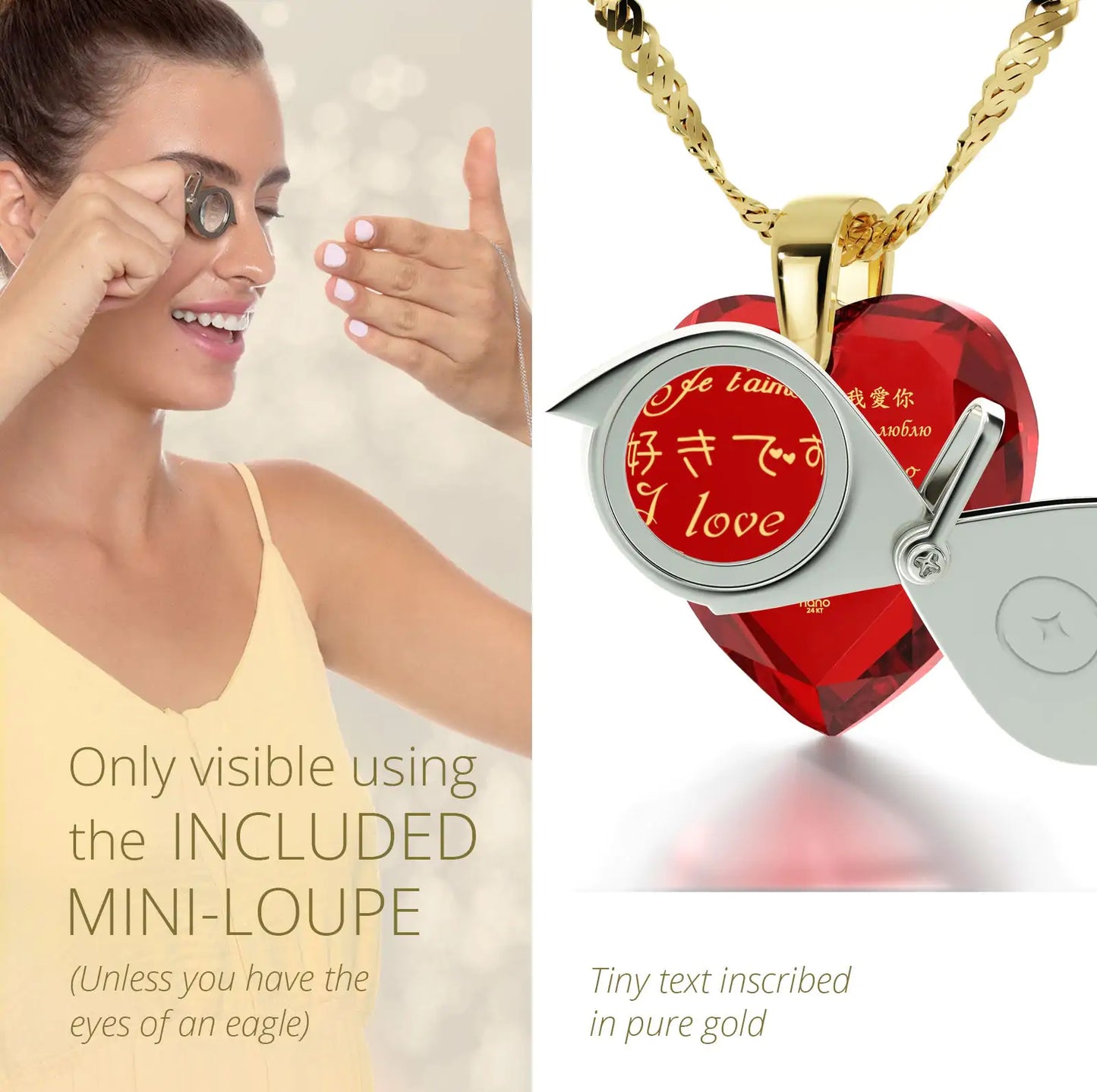 Gold Plated Silver I Love You Necklace 12 Languages Gold Inscribed and Crystal Earrings Heart Jewelry Set