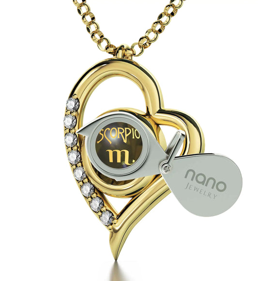 Gold Plated Silver Scorpio Necklace Zodiac Heart Pendant 24k Gold Inscribed on Crystal