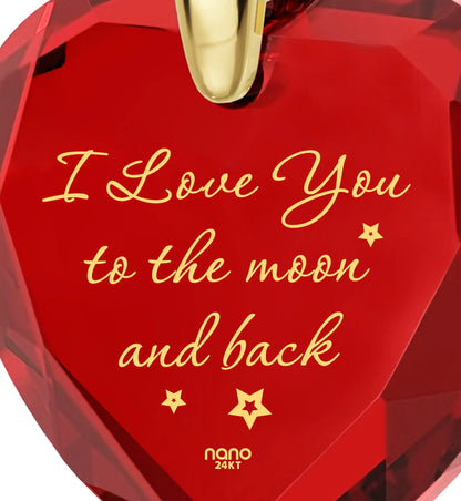 Gold Plated Silver I Love You to The Moon and Back Necklace 24k Gold Inscribed Heart Cubic Zirconia Pendant