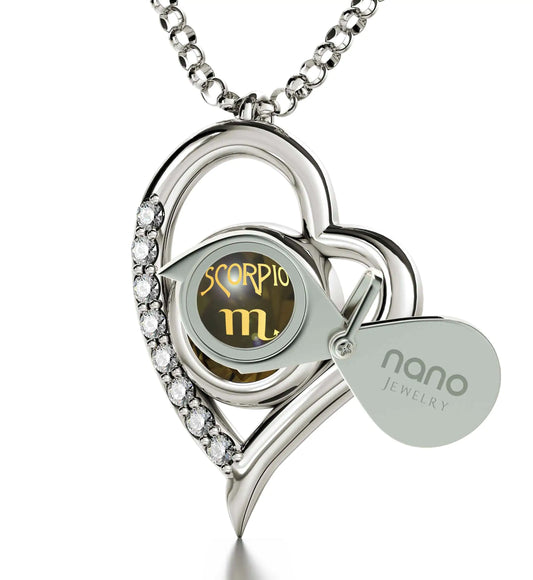 925 Sterling Silver Scorpio Necklace Zodiac Heart Pendant 24k Gold Inscribed on Crystal