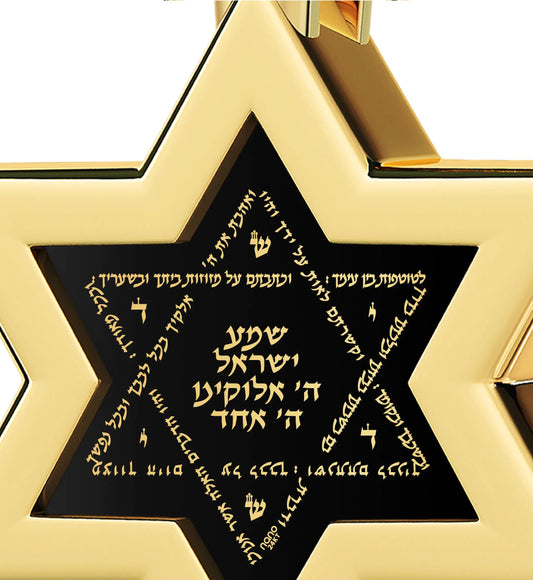 Men's Star of David Necklace 24k Gold Inscribed Shema Israel Pendant on Onyx