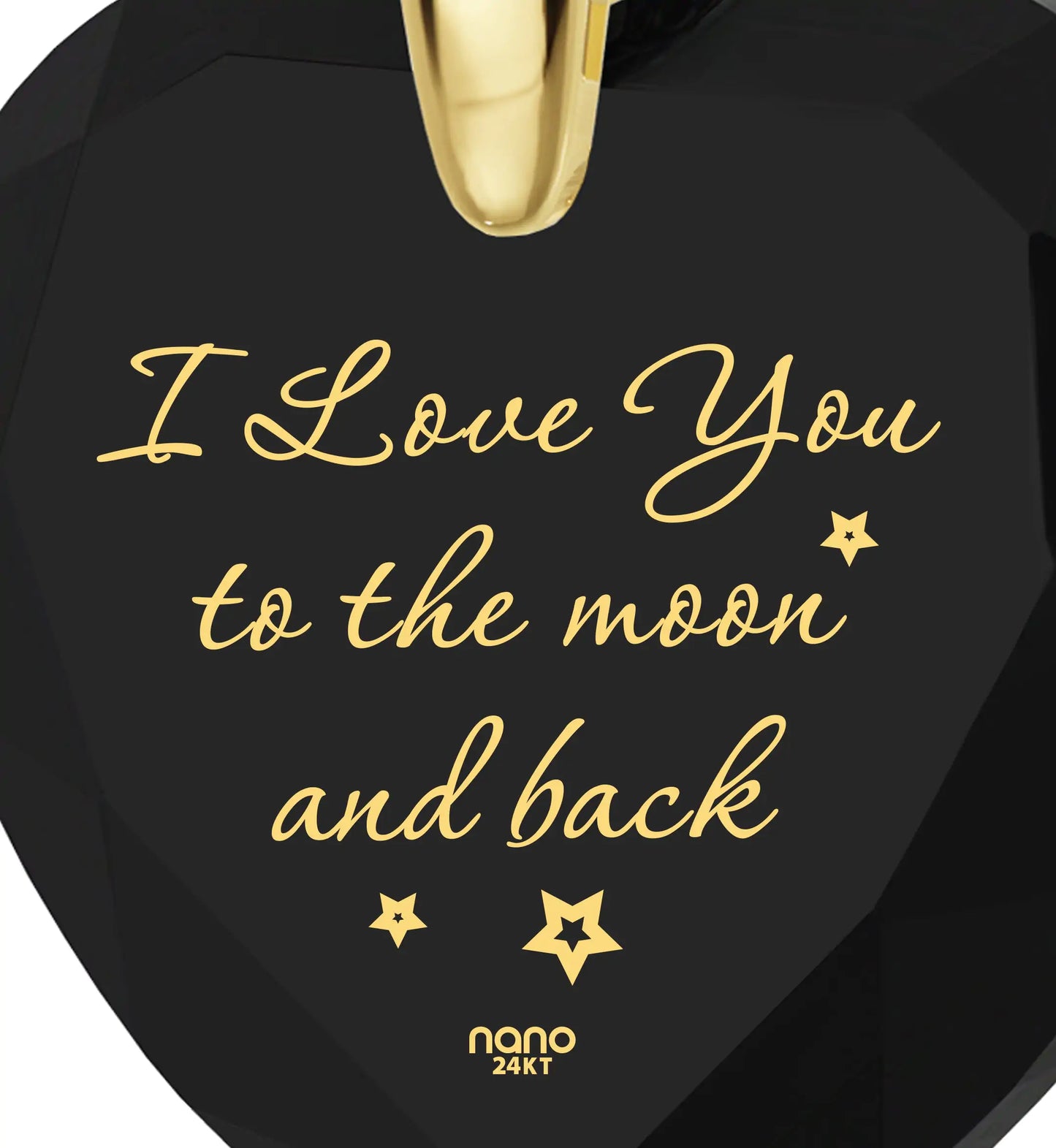 Gold Plated Silver I Love You to The Moon and Back Necklace 24k Gold Inscribed Heart Cubic Zirconia Pendant