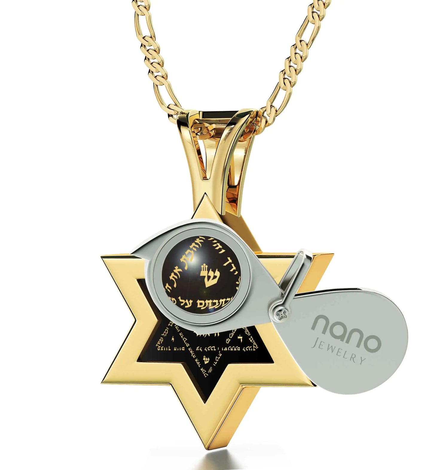 Men's Star of David Necklace 24k Gold Inscribed Shema Israel Pendant on Onyx