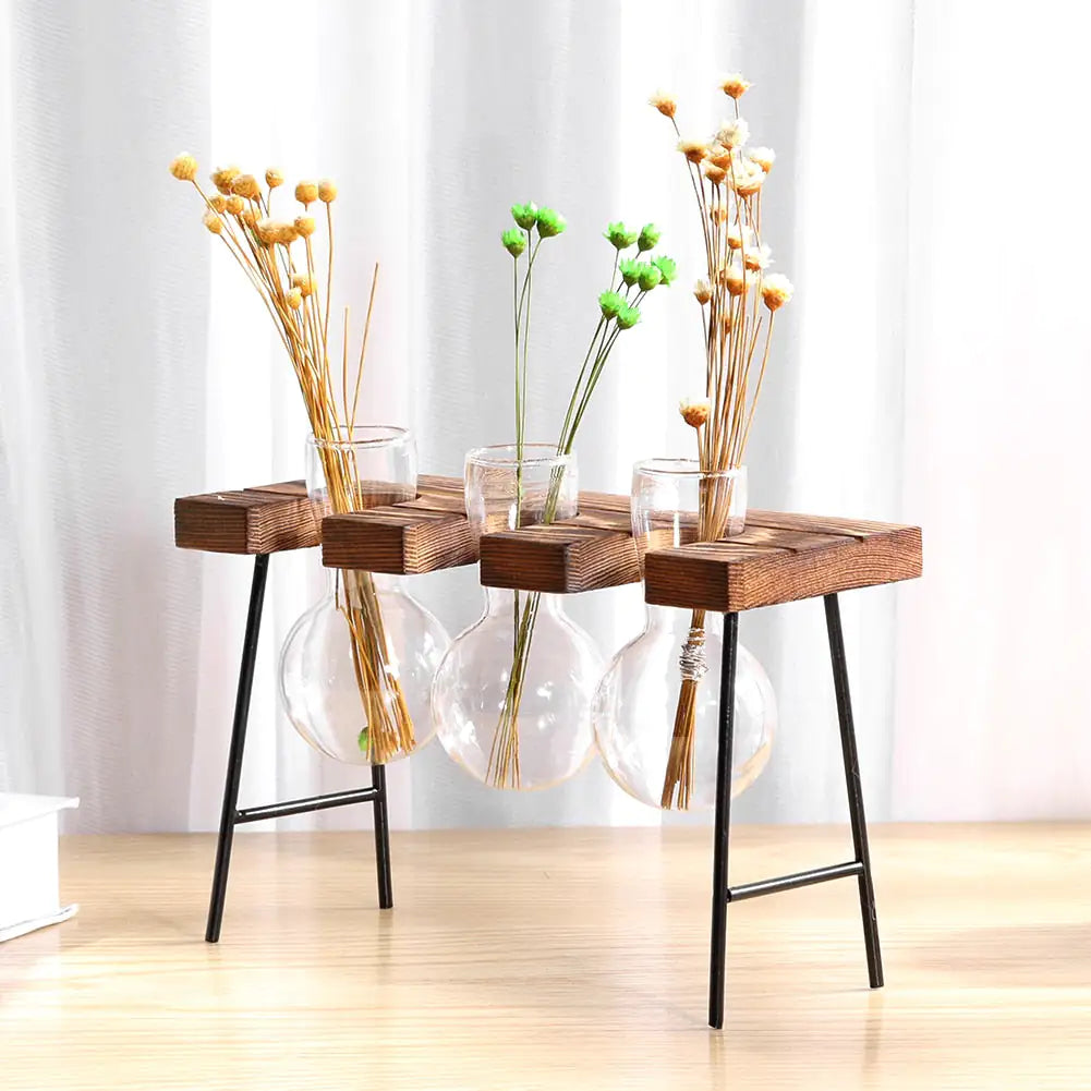 Glass and Wood Vase Planter Table Desktop